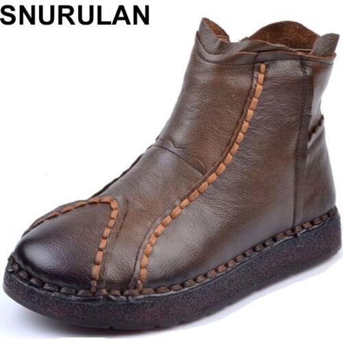 SNURULAN Brand women handmade boots genuine leather thick &soft mother boots women winter boots flat heel plus size 35 41