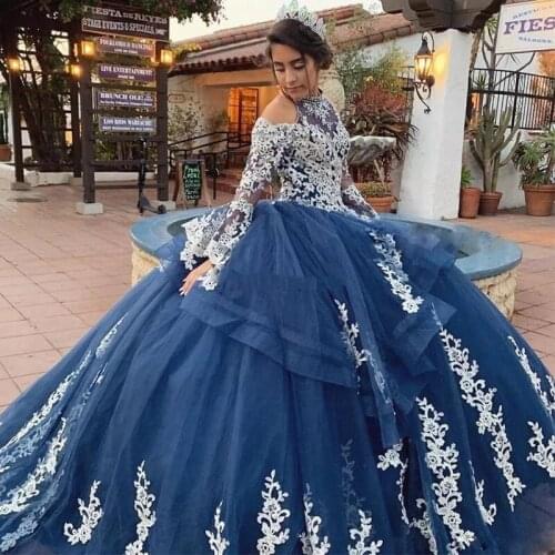 Navy Ball Gown Quinceanera Dresses Halter Off Shoulder Long Sleeve Tiered Appliques Crystal Beads Formal Prom Party Gowns