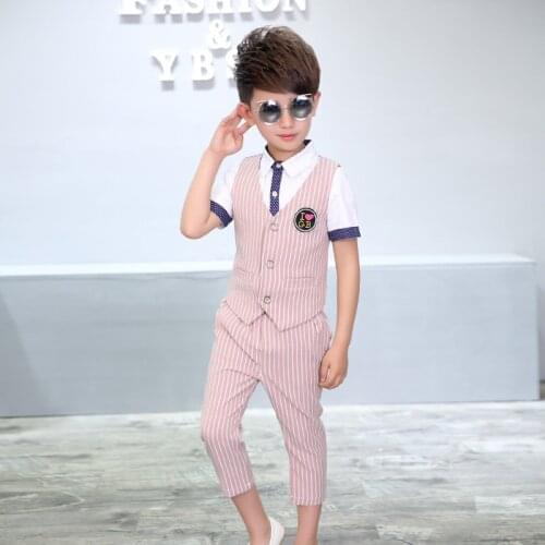Baby Boys Formal Suit Birthday Party Ceremony Dress Clothes Sets Shirt Vest Pants Kids Children Wedding Stripe Costumes F23
