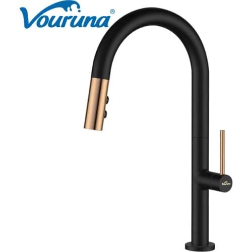 Vouruna New Arrival White&Black Pull Out Kitchen Faucet Swivel Sink Mixer Tap Solid Brass Construction
