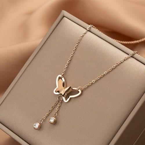 XIYANIKE 316L Stainless Steel Two Color Butterfly Pandent Necklaces For Women Tassel Choker 2021 New Fashion Party Gift Jewelry