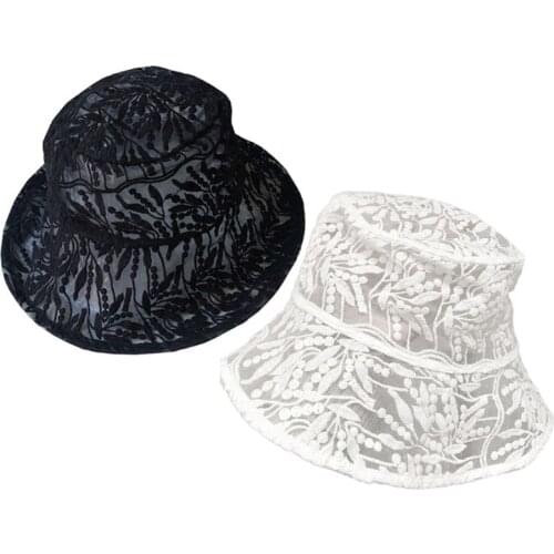 Women Floppy Bucket Hat Sweet Embroidery Leaves Lace Sunscreen Holiday Beach Cap F3MF