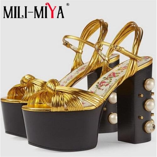 MILI-MIYA Fashion Women Sandals Super High Heels 12.5cm Platform 5cm Buckle Strap Gold Black Color Party Dress Summer Shoes