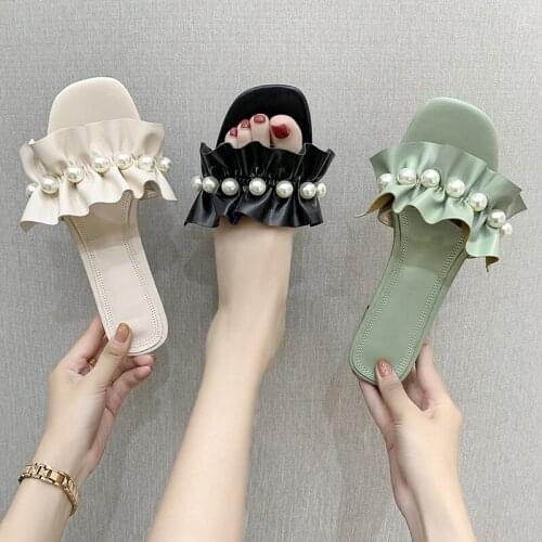 Womens 2021 Summer New String Bead High Heels Female Party Square Heel Sandals Ladies Hot Sale Slides