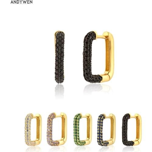 ANDYWEN 925 Sterling Silver Black Zircon Plated Hoops Women Circle Square Clips Fashion Luxury Pave Huggies Thick Luxury Jewels