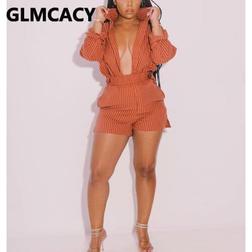 Women Two Piece Striped Suits Long Sleeve Shirt Top & Casual Slim Shorts Set