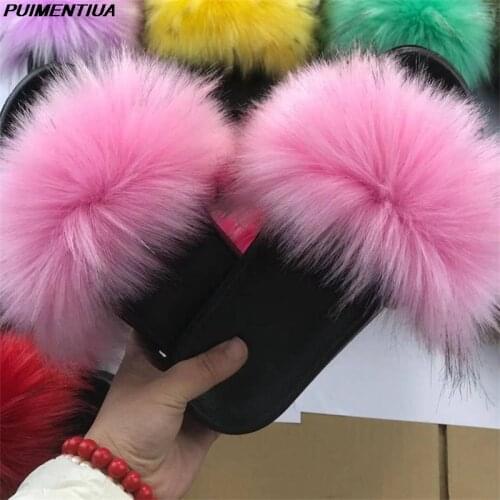2021 Women Furry Slippers Ladies House Shoes Cute Plush Faux Fluffy Sandals Womens Fur Slides Winter Warm Home Slippers Woman