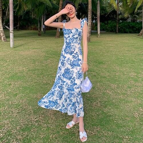 New arrival fashion korean summer club long dress women temperament elegant sexy strap backless print ruffle holiday beach dress