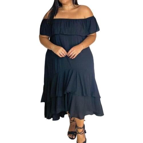 New Arrivals Women Solid A-line Dress 2020 Autumn Summer Office Ladys Big Size Strapless Short Sleeve Bodycon Midi Dresses