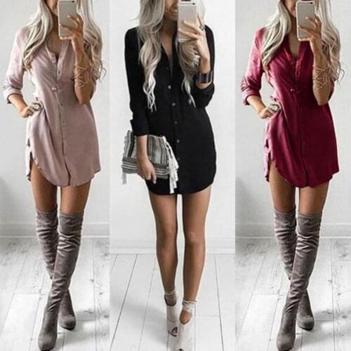 Stylish Women Ladies Autumn Solid Color Long Sleeve Lapel Collar Button Blouse Shirt Mini Dress
