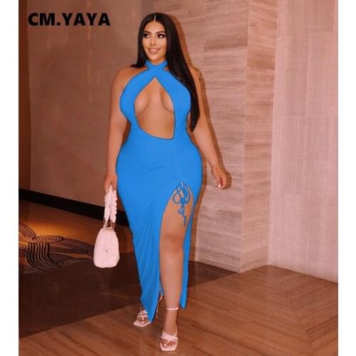 CM.YAYA Plus Size Women Halter Neck High Side Slit Ruched Maxi Dress Sexy Night Party Clubwear Bodycon Bandage Long Midi Dresses