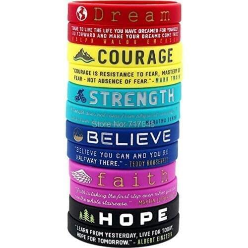 30pcs Bible Verses Dream Courage Strength Believe Faith Hope wristband silicone bracelets free shipping by ePacket A
