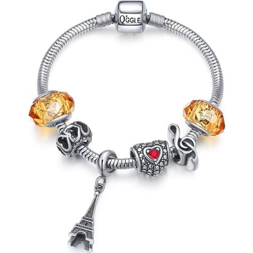 Viennois Vintage Eiffel Tower Orange Beads Charm Bracelet & Bangle For Women Stainless Steel Beads Fit Pan Bracelet Girls Gifts