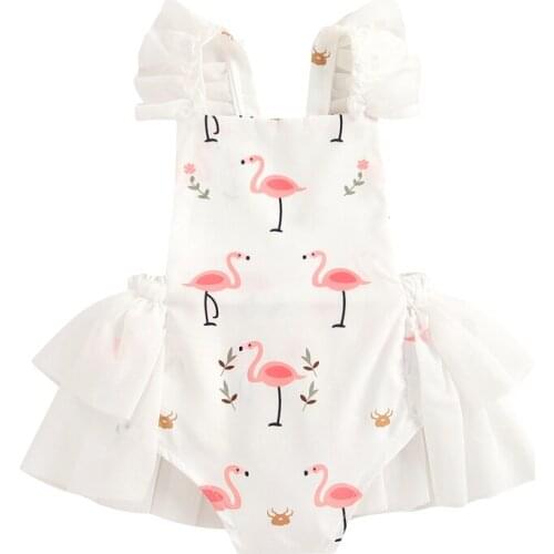 Infant Baby Girl Summer Romper Tops, Lace Flamingo Printed Fly Sleeves Home Sleeping Kids High Waist Clothes, 0-24Months