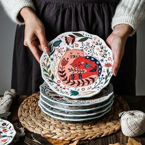 Ceramic Plate 8 Inch Round Dishes Creative Carton Cat Plate Household Tableware Dinner Plates Dessert Plate Dessert Tray Flower