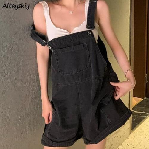 Playsuits Women Solid Denim Loose Fashion Students Lovely Girls Ulzzang All-match Pockets Casual Kawaii Baggy Hip Hop Cool New