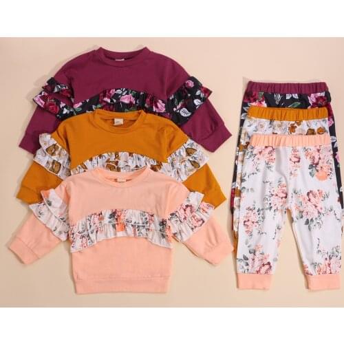 2021 Little Girl’s T-shirt and Trousers Suit Fashion Ruffles Long Sleeve Tops and Flower Long Pants