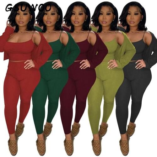 GSUWOO Casual Womens Autumn Ribbed Knitted Three-piece Suit Long Sleeve Coat + Camis Top + Pencil Pants Leggings 3pcs Sets