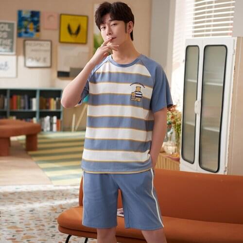 Summer Cotton Cartoon Mens Pajamas Sets Fashion Blue Striped Sleepwear Casual Fresh Style Male Plus Size Short Sleeve Homewear