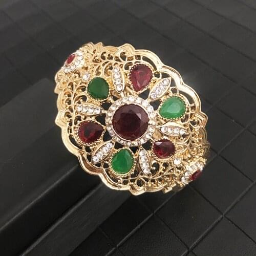 Morocco Wedding Rhnistones Bangle For Women Two Color Dubai Ladies Flower Cuff Jewelry Round Stone Ethnic Bracelet Pattern 2020