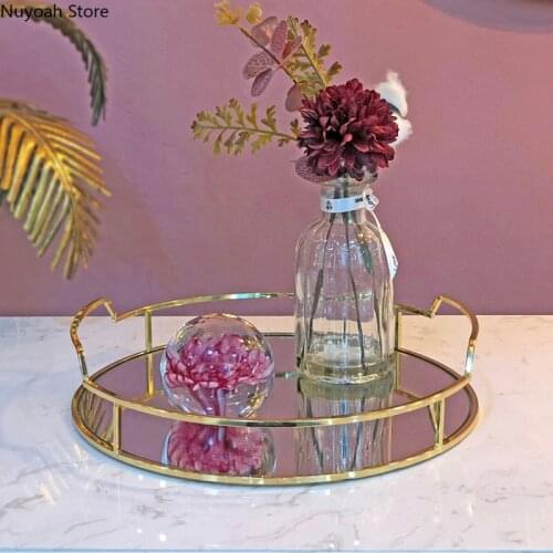 Metal Mirror Storage Tray Round Cosmetic Storage Box Gold-plated Iron Jewelry Board Home Coffee Table Decoration Accessories