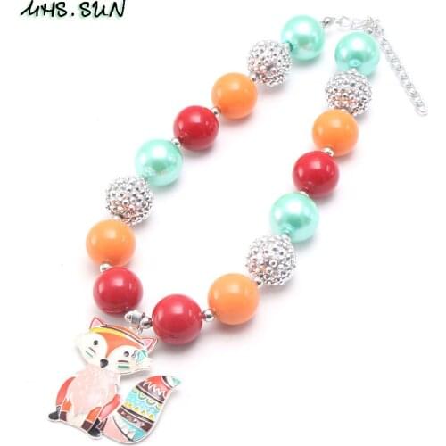 MHS.SUN Fashion Kids Girls Chunky Beads Necklace With Cartoon Fox Pendant Colorful Bubblegum DIY Jewelry For Children Party New