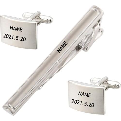 Personalized Name Date Cufflinks Tie Clip Set Mens Simple Fashion Business Banquet Wedding French Shirts Cuff Link Mens Jewelry