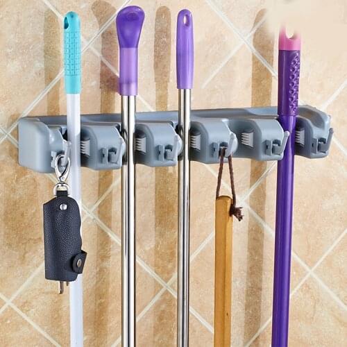Wall Shelf With Hooks Brush Broom Holder Kitchen Bathroom Organizer ABS Wall Mounted Storage Rack Mop Holder Hanging Shelves