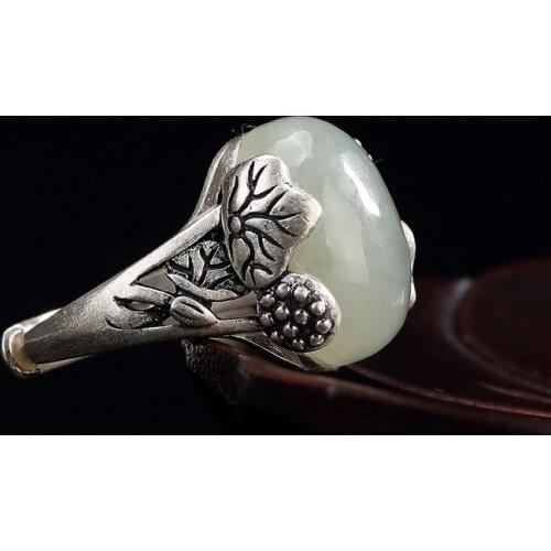 Natural 990sterling silver retro lotus inlaid hetian white jade for women rings resizable rings luxury jewelry