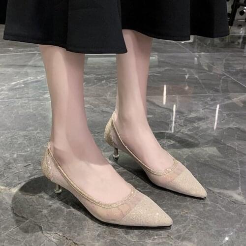 New Golden High Heels Sexy Pointed Stilettos Shoes Bridesmaid Bride Wedding Shoes Lace High Heels Sexy Ladies Shoes Women 2021