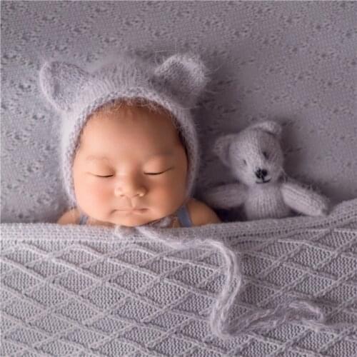 Newborn Teddy Bear Bonnet and Toy Prop Set Newborn knitted bonnet and Tiny Teddy Stuffed animal Bonnet Toy set Photography props