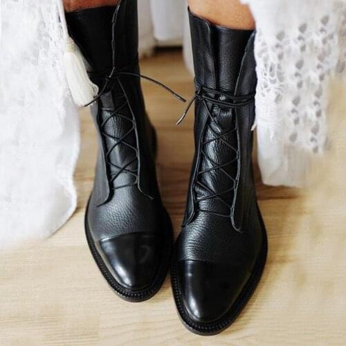 Akexiya New Leather British Style Flat Boots Black Pointed Toe Boots Handsome Motorcycle Boots Womens Boots Round Head Bandage