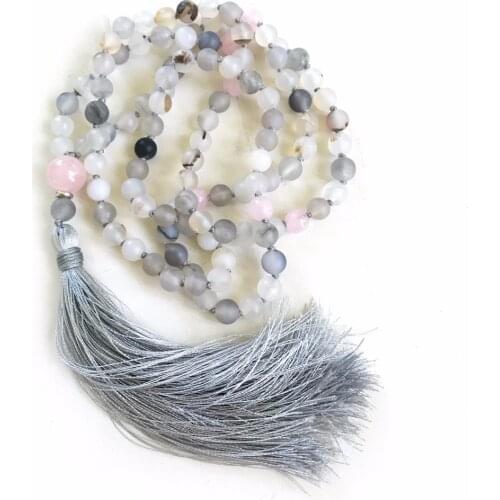 108 Mala Bead Necklace Wind Shadow RoseQuartz Hand Knotted Necklace Meditation Mala Necklaces Prayer Yoga Tassel Necklaces