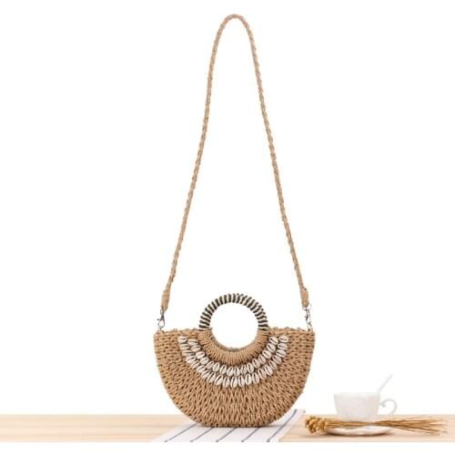 Simple Semicircle Hand Carrying Straw Hand Sewing Natural Shell Holiday Woven Vacation Womens Bag