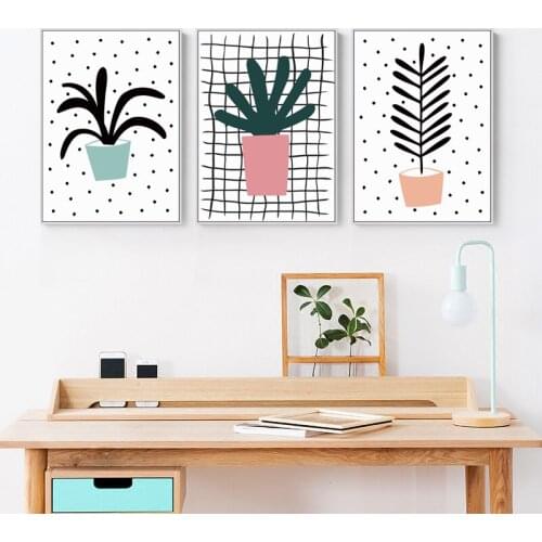 Nordic Cartoon Fresh Plant Canvas Painting Abstract Flower Potting Poster Leaf Wall Picture Restaurant Living Room Decorative