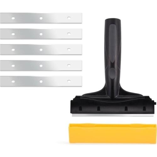 FOSHIO 6" Handled Scraper+5pcs Double-edged Stainless Blade Vinyl Car Wrap Glue Sticker Cleaning Tool Glass Auto Window Squeegee