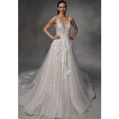 Wedding Dress A-Line Deep V-Neck Neckline Sleeveless Lace Applique Sexy Long-Open Back Floor-Length With For Party Bride Gown