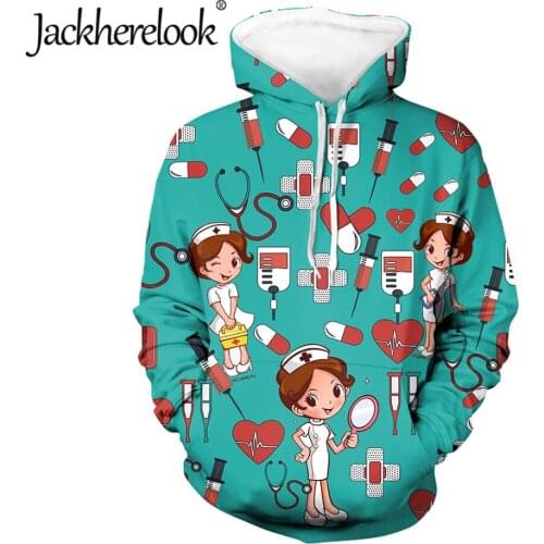 Jackherelook Womens Hoodies Tops Cartoon Nurse Doctor Print Sweatshirt Long Sleeve Pullover Loose Drawstring Hooded with Pocket