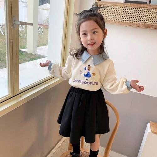 Mila Chou 2021 Spring Autumn Girls Turn-down Collar Sweatshirt Long-sleeve Embroidery Princess Pattern Children Kids Tops 2-8Y