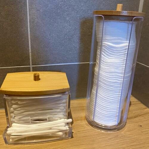 Cotton Swab Storage Box with Bamboo Cover Makeup Cotton Pad Bin Organizer Acrylic Jewelry Cotton Ball Dust Container Holder