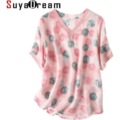 Women Silk Shirt 100%Silk Crepe Floral Printed T shirt Short Sleeved V neck Silk Top 2019 New Summer Print Shirt