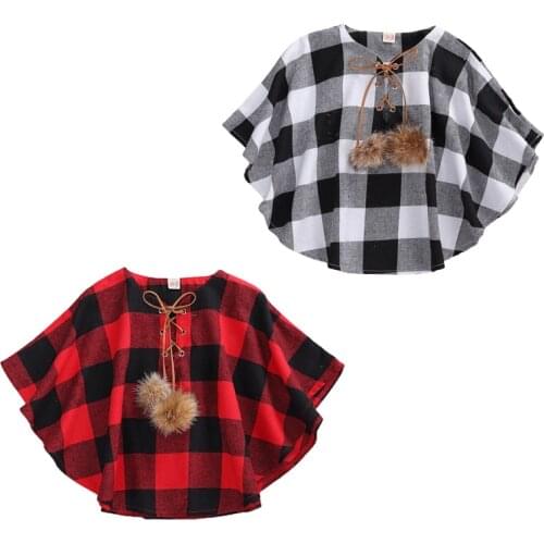 1-6Years Toodler Baby Girl Plaid Cloak Fur Ball Strap Decoration Adjustable Loose Version Spring Clothing