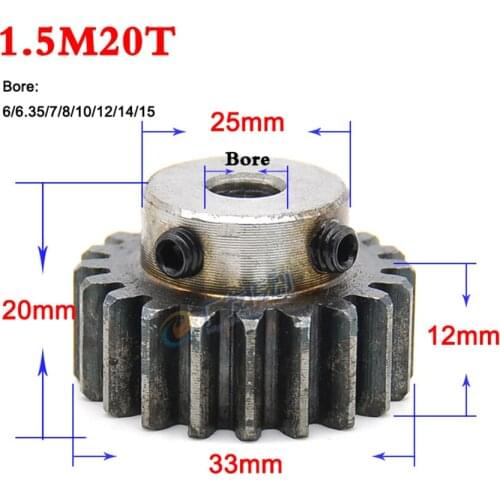 1PCS 1.5 Modulus 20/24/25 Teeth Spur Gear Motor Metal Convex Gear Wheel Top Screw Bore 6/6.35/7/8/10/12/14/15mm Carbon Steel