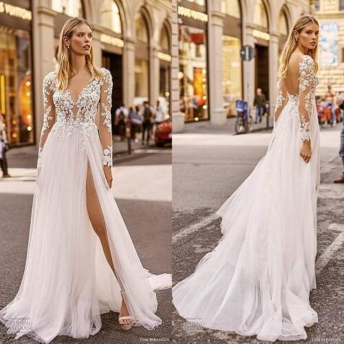 2020 Beach Wedding Dresses V Neck Lace Apliques Illusion A Line Boho Wedding Dress Long Sleeves High Side Split Robes De Mariée