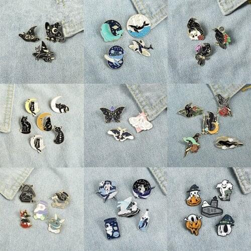 3-6pcs/set Gothic Space Punk Enamel Pins Custom Witch Cat Raven Moth Brooch Lapel Pin Badge Halloween Jewelry Amazing Price Gift