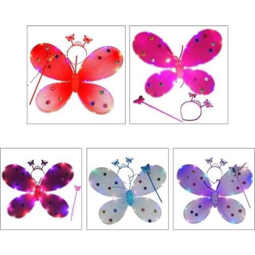 3Pcs Kids Girls LED Flashing Angel Wings Set Fairy Magic Wand Bandana Crown Sweet Little Princess Carnival Party Cosplay Costume