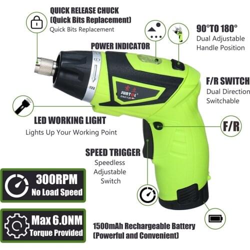 6.0N.m Cordless Electric Screwdriver Rechargeable 1500mAh Li-ion with 41 Accessories 7 Torque Setting 2 Position Handle