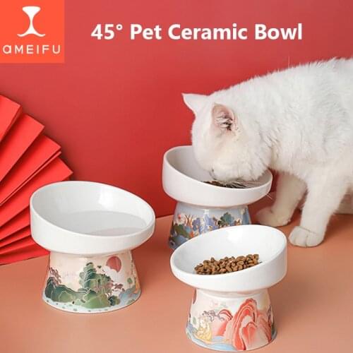 AMEIFU Non-slip Cat Bowl Ceramic Round Antibacterial Bowl 45° Tall Cat China Style Food and Water Bowl Dog Feeder Pet Supplies