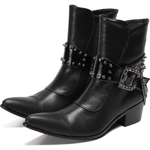 Punk Style Pointed Toe Rivets Ankle Boots Men Genuine Leather Cowboy Boots Fashion Chains Western Boots Plus Size Men Shoes