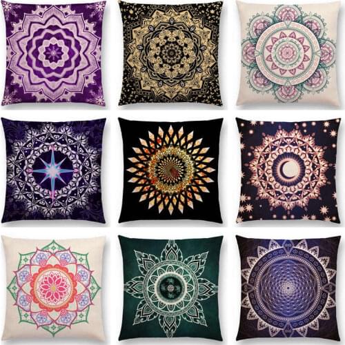 Dreamy Sun Moon Stars Colorful Lotus Eternity Mandalas Gorgeous Floral Pattern Design Prints Cushion Cover Sofa Pillow Case Gold